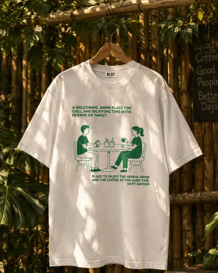 White HAYY DAPOER tee on a hanger against a bamboo wall, printed in green with two friends sharing drinks at a table